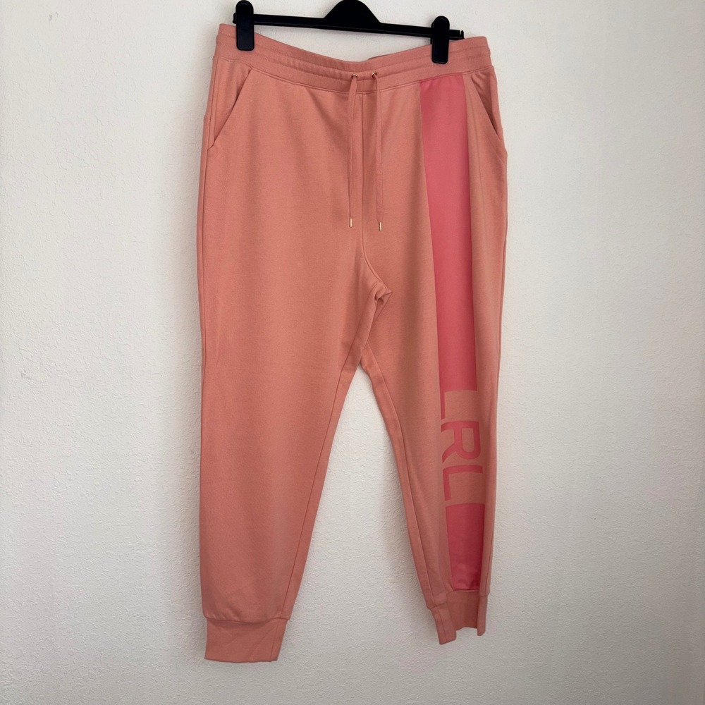 Lauren Ralph Lauren‎ Women XL Rose Tan Logo Stripe Jogger Sweatpants Athleisure